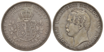 Ангальт-Дессау 1 талер 1863 A, Герцог Ангальта Леопольд Фридрих (1817-1871), 200 лет повторного объединения Ангальтских герцогств J. 77, AKS 35, KM 15 серебро 00-000-00