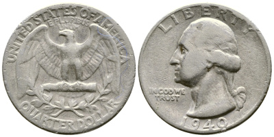 США 25 центов = квотер 1940 Вашингтон KM 164 серебро 4385-436