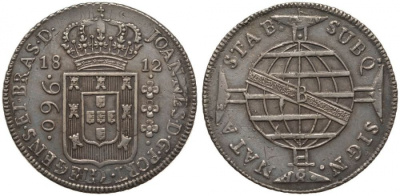 Бразилия 960 рейс 1812 В, монетный двор Бахия (Bahia), перечекан, патина, Жоао принц-регент (1799-1818) KM 307.1 серебро 00-000-00