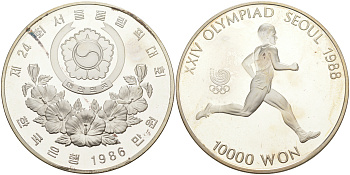 Южная Корея 10000 вон 1986 XXIV Летние Олимпийские игры в Сеуле 1988 года, бег KM 56 серебро PROOF 1074-4-21