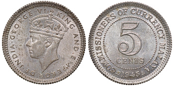 Британская Малайя 5 центов 1945 Георг VI (1937-1952) KM 3a серебро 53-163