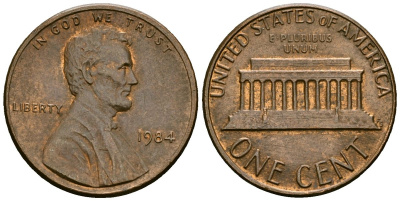 США 1 цент 1984 Линкольн KM 201b цинк плакированный медью 4136-246