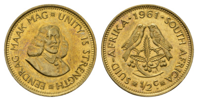 ЮАР 1/2 цента 1961 Ян ван Рибек KM 56 латунь UNC 4693-217