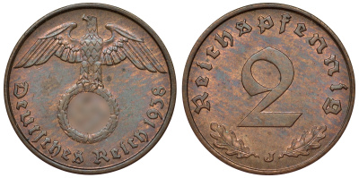 Германия 2 рейхспфеннига 1938 J KM 38, J. 362 алюминиевая бронза 4121-633