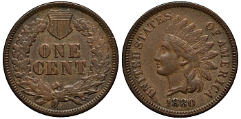США 1 ЦЕНТ 1880 ИНДЕЕЦ, INDIAN HEAD, XF45 KM 90a бронза 272-1342