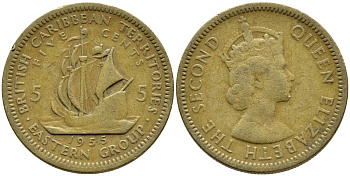 Британские Восточно-Карибские территории 5 центов 1955 Елизавета II (1952-2022), парусник KM 4 никель латунь 4388-352