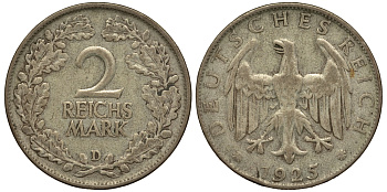 Германия 2 рейхсмарки 1925 D J. 320, KM 45 серебро 00-00
