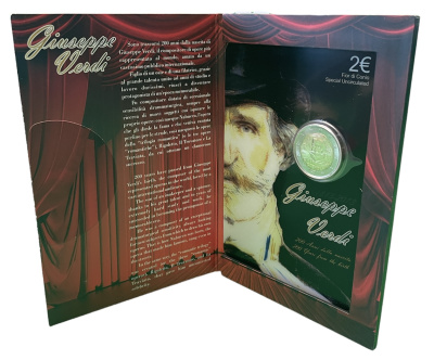 Италия 2 евро 2013 200 лет со дня рождения Джузеппе Верди, запайка, пластик, буклет KM 357 биметалл BUNC 3-4-8-50