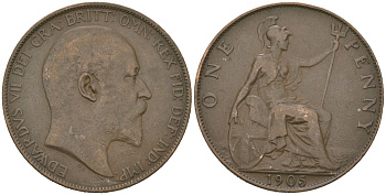 Великобритания 1 пенни 1905 Эдуард VII (1901-1910) KM 794.2, Spink 3990 бронза 221-321