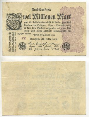Германия 2000000 марок 1923 9 августа 1923, водяной знак L, серия YZ Pick 104 b, Rosenberg 103 c бумага 7217-59-1-2
