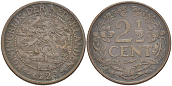 Нидерланды 2 1/2 цента 1929 Вильгельмина (1890-1948) KM 150 бронза 4525-1254
