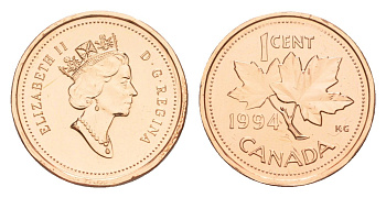 Канада 1 цент 1994 Елизавета II (1952-2022), кленовый лист KM 181 бронза PROOF-LIKE (BU) 4639-369