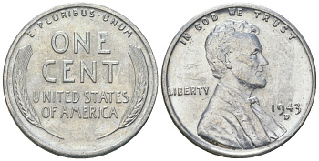 США 1 цент 1943 D, Авраам Линкольн KM 132 a сталь покрытая цинком aUNC 112-527