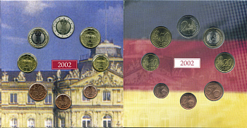 Германия набор из 3 евронаборов по 8 монет 2002-2004 буква F, мондвор Штутгарт, оригинальный официальный набор из трех евронаборов, в картонном буклете UNC 2-5-1-12