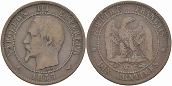 Франция 10 сантимов 1855 W, Наполеон III (1852-1870) KM 771.7, Le Franc 133.30 бронза  4680-526