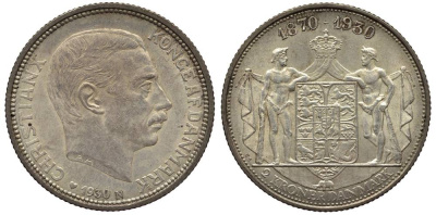 Дания 2 кроны 1930 N; AH, 60 лет королю Кристиану X (1870-1930) KM 829 серебро 69-424