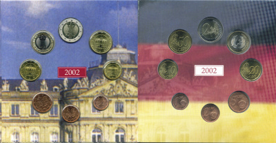 Германия набор из 3 евронаборов по 8 монет 2002-2004 буква F, мондвор Штутгарт, оригинальный официальный набор из трех евронаборов, в картонном буклете UNC 2-5-1-12