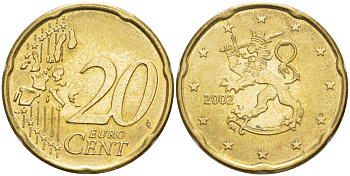 ФИНЛЯНДИЯ 20 ЕВРОЦЕНТОВ 2002 М KM 102 латунь 4543-115