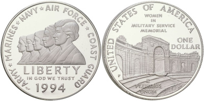 США 1 доллар 1994 P, Мемориал женщинам на военной службе KM 252 серебро PROOF 11-233-11