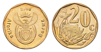 ЮАР 20 центов 2003 герб, цветок протея KM 327 сталь плакированная бронзой UNC 4687-554