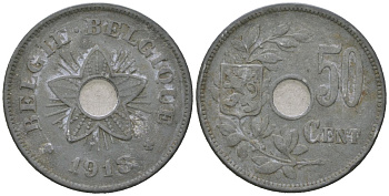 Бельгия 50 сантимов 1918 германская оккупация первая мировая война, Альберт I (1910-1934) KM 83 цинк 4616-357