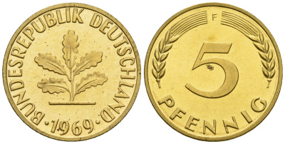 ФРГ 5 пфеннигов 1969 F KM 107, J. 382 сталь плакированная латунью PROOF 1094-7-31