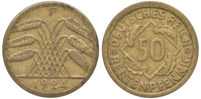 Германия 50 рентенпфеннигов 1924 F J. 310, KM 34 алюминиевая бронза 4118-326