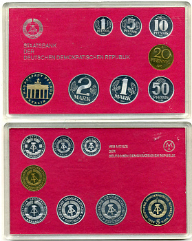 ГДР официальный набор из 8 монет включая 5 марок Бранденбургские ворота 1986 тираж 2800 экземпляров, твердый пластик KM PS 7 PROOF 4-3-5-27