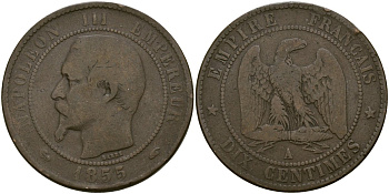 Франция 10 сантимов 1855 A, Наполеон III (1852-1870) KM 771.1, Le Franc 133,19 бронза 4168-542