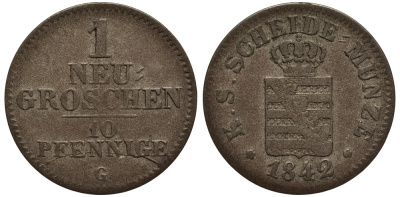 Саксония 1 новый грош - 10 пфеннигов 1842 Фридрих Август II (1797-1854) KM 1159, J. 82 серебро 1517-612