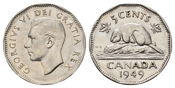 Канада 5 центов 1949 бобр, Георг VI (1936-1952) KM 42 никель 4689-331