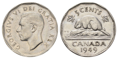 Канада 5 центов 1949 бобр, Георг VI (1936-1952) KM 42 никель 4689-331