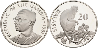 Гамбия 20 даласи 1987 серия защита окружающей среды, обезьяна, тираж 25000 экз. KM 24 серебро PROOF 1098-1-43