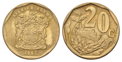ЮАР 20 центов 1997 герб, цветок протея KM 162 сталь плакированная бронзой UNC 4174-1042