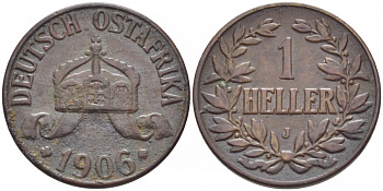 Немецкая Восточная Африка (Танзания) 1 геллер 1906 J, Ost-Africa Jaeger 716, KM 7	бронза 4448-417