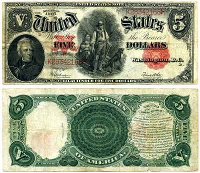 США 5 долларов 1907 Президент Эндрю Джексон, серия красная, подписи SPEELMAN & WHITE Pick 186 (9)  бумага   451-32-1-1