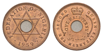 Нигерия 1/2 пенни 1959 KM 1 бронза UNC 4642-112