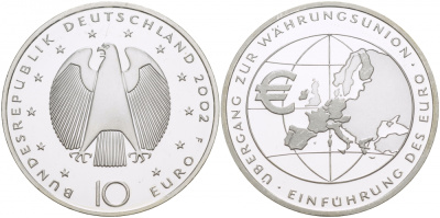 ФРГ 10 евро 2002 F, введение европейской валюты KM 215, DE.S. 10.1 серебро PROOF 1082-1-52