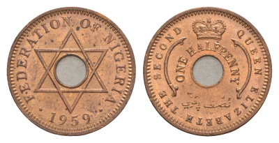 Нигерия 1/2 пенни 1959 KM 1 бронза UNC 4642-112