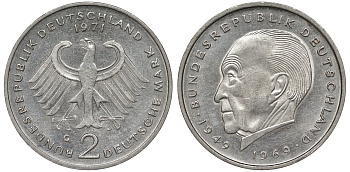 ФРГ 2 марки 1971 G, Конрад Аденауэр KM 124, J. 406 медно-никель плакированный никелем UNC 00-00