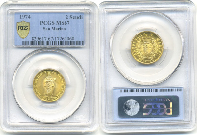Сан-Марино 2 скудо 1975 Святой Мартин, слаб PCGS MS 67 KM 39 золото UNC 15-007-17