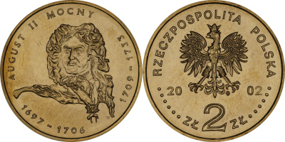 Польша 2 злотых 2002 MW, серия Польские короли, Август II Сильный (1697-1706, 1709-1723) KM 439 нордик UNC 4526-1045
