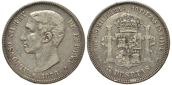 Испания 5 песет 1876 DE-M, Альфонсо XII KM 671 серебро 1529-1023