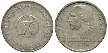 Германия 3 марки 1929 E, 200 лет со дня рождения Лессинга Weege 36, J.335, KM 60 серебро 413-5111