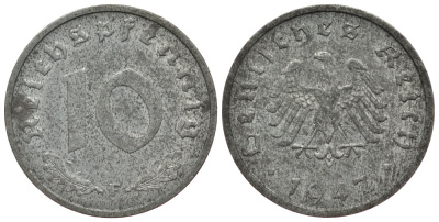 Германия 10 рейхспфеннигов 1947 F, оккупация Германии союзными войсками J. 375, KM A104 цинк 413-631