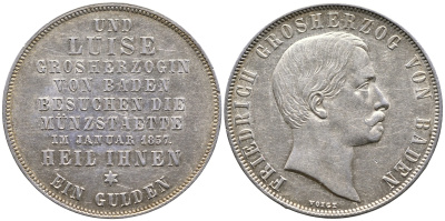 Баден 1 гульден 1857 на посещение монетного двора, тираж 776 экземпляров AKS 135; J. 77 серебро UNC 10-002-18