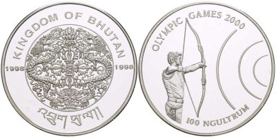 Бутан 100 нгултрумов 1998 ОЛИМПИЙСКИЕ ИГРЫ В СИДНЕЕ 2000 ГОДА, СТРЕЛЬБА ИЗ ЛУКА, KM 103 серебро PROOF 1074-3-53