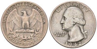 США 25 центов = квотер = 1/4 доллара 1942 S, Джордж Вашингтон KM 164 серебро 190-1211