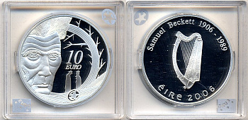 Ирландия 10 евро 2006 100 лет со дня рождения Сэмюэля Беккета, писатель, драматург, нобелевский лауреат KM 45 серебро PROOF 5-3-1-46