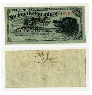 Парагвай, Banco Nacional Del Paraguay 5 сентаво 1886 голова собаки Pick S141 бумага  451-62-1